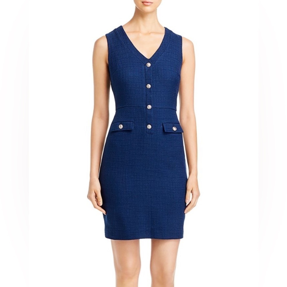 Karl Lagerfeld Paris Navy Solid Tweed Shift Sleeveless Gold Buttons - Picture 10 of 10